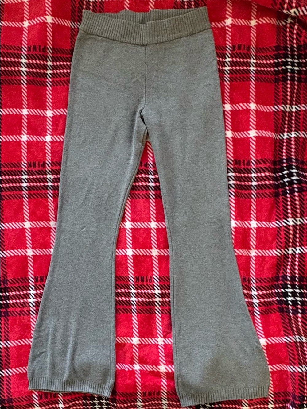 Pink Rose Grey Ribbed Knit Flare Pants